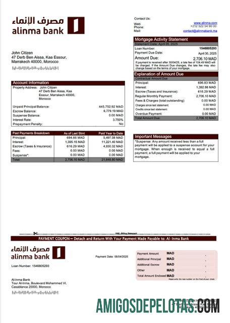 realista Modelo Word e PDF de declaração de hipoteca do Marrocos Al Inma Bank